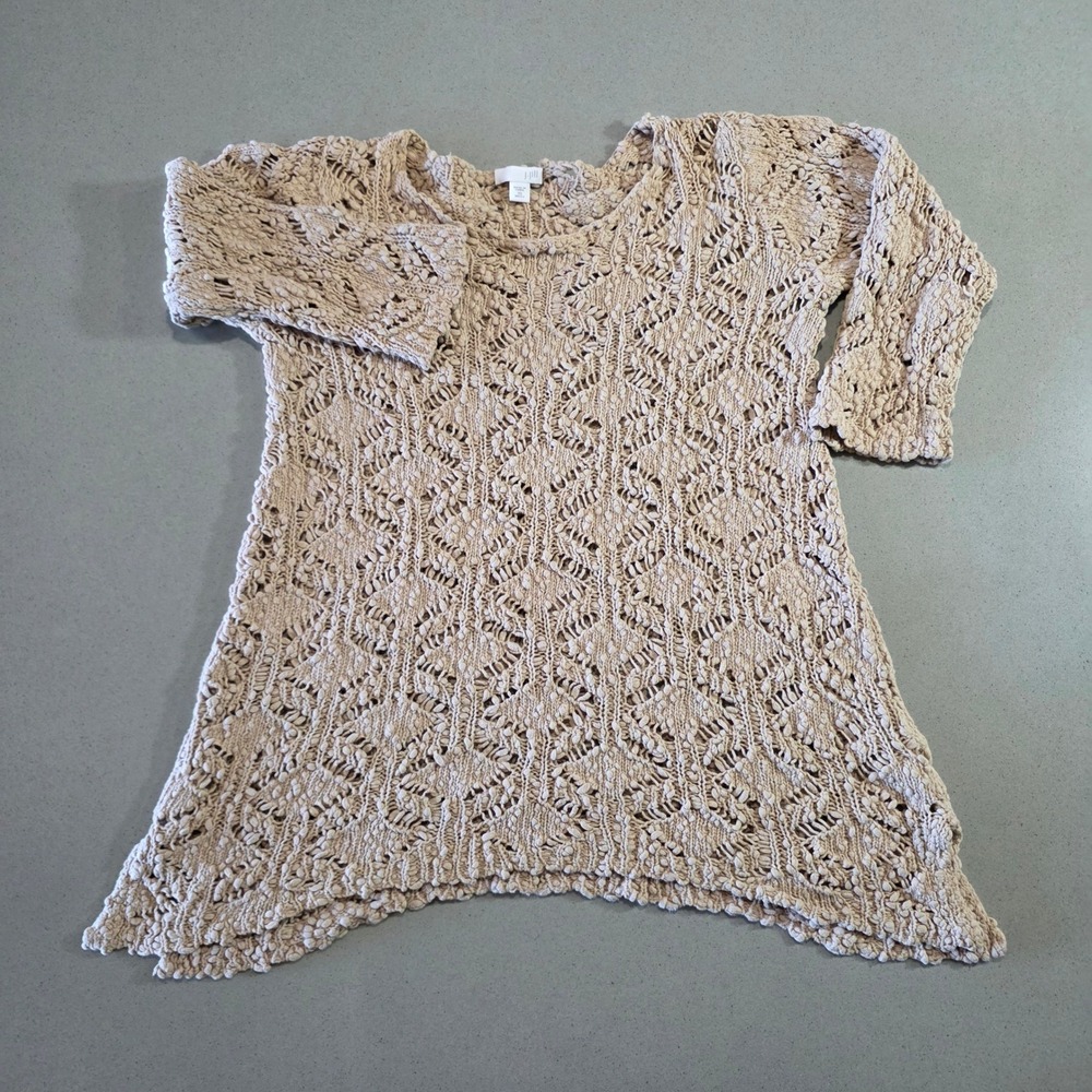 J. Jill Womens XS Tan Beige Open Knit Crochet Long Sleeve Sweater Top